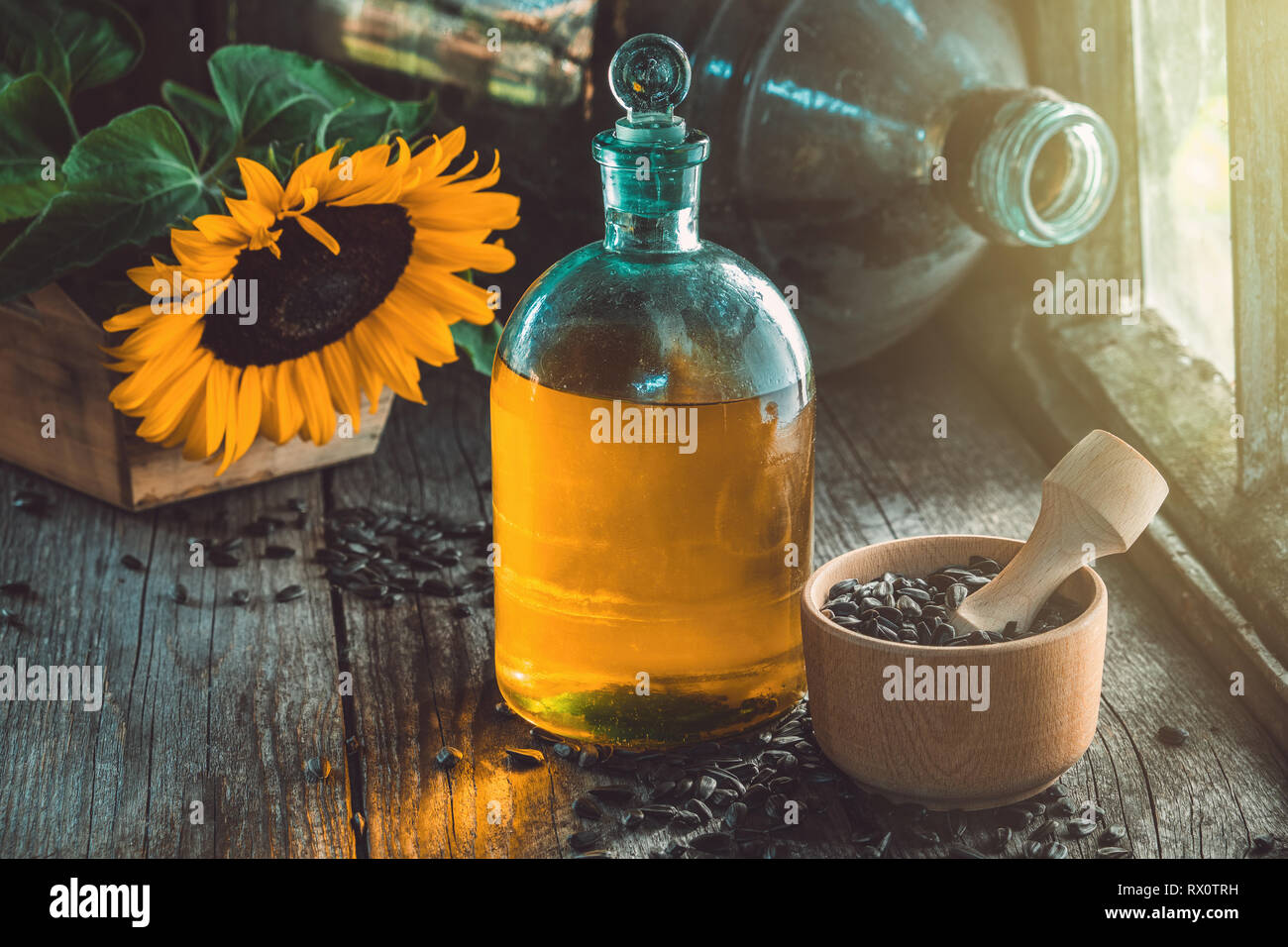 Bottle of sunflower oil, wooden mortar of seeds and yellow sunflower on wooden table inside the retro village house. Stock Photo