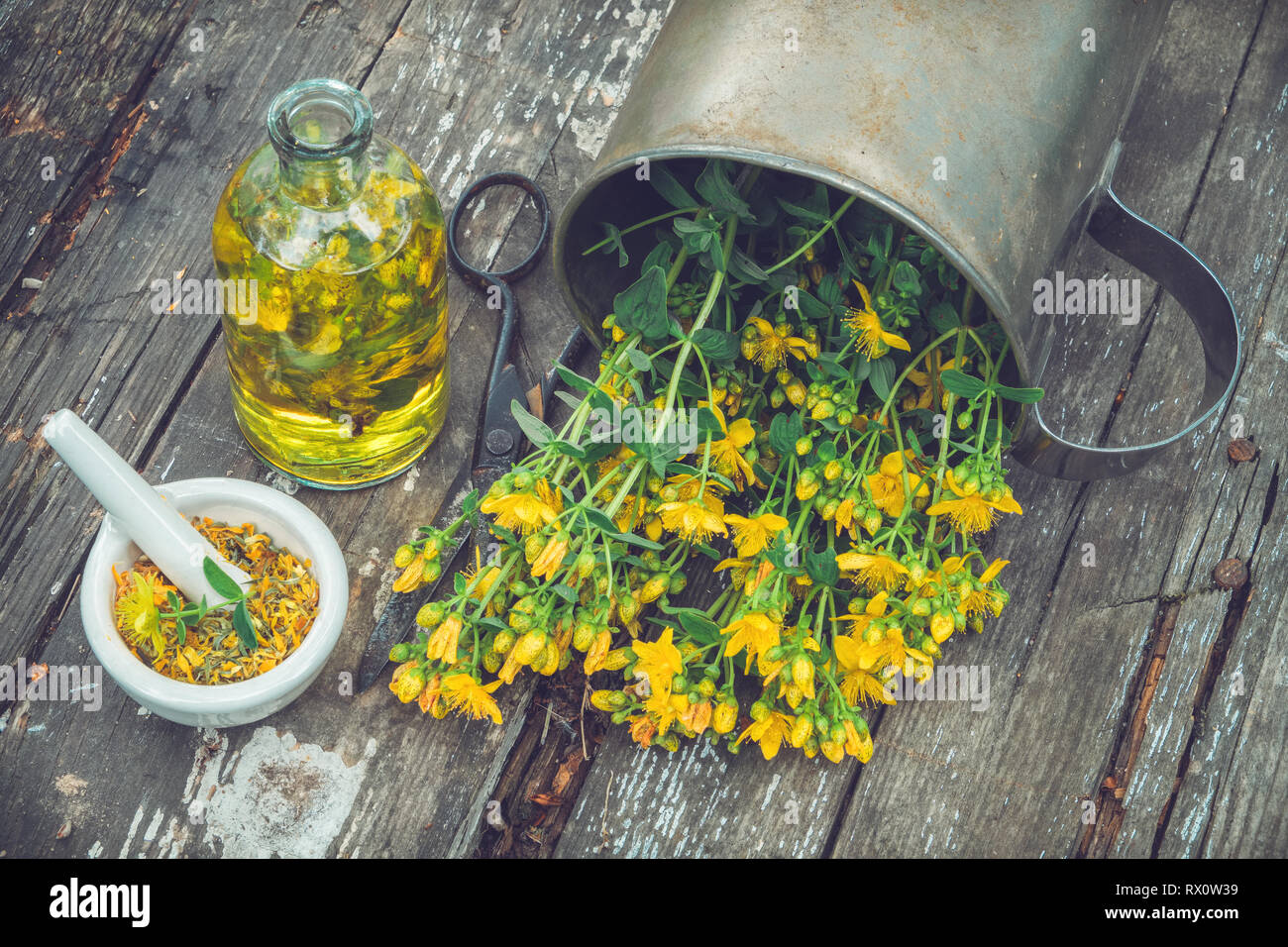 Hypericum - St Johns wort plants, oil or infusion bottle, mortar on wooden board, top view. Stock Photo