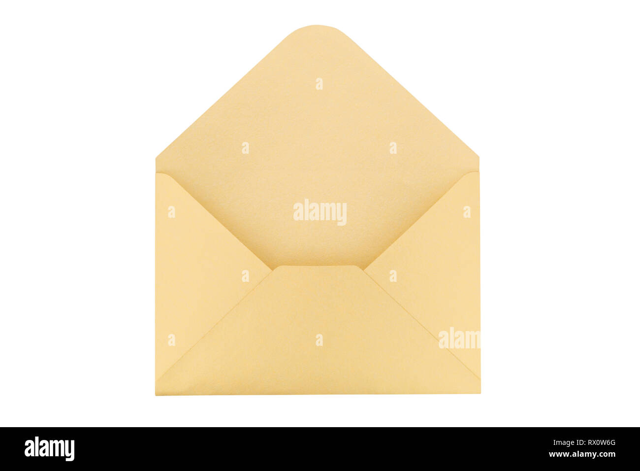 Open yellow paper envelope isolated on white background. Stock Photo