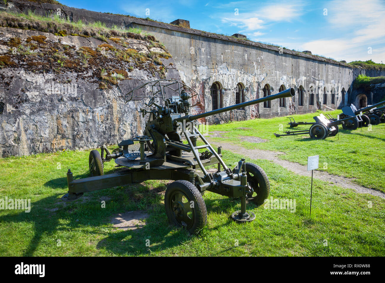 Brest, Belarus - May 12, 2015: The Fifth Fort of Brest Fortress in Belarus. Was built in 1878. Old guns in the foreground. Brest, Belarus. Stock Photo