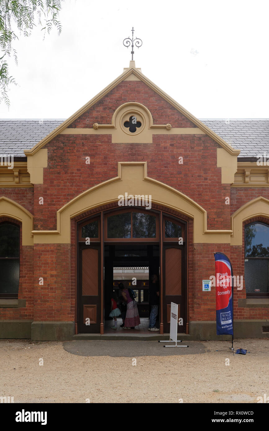 Entrance to the Historic Maldon Railway station on the Victorian Goldfields Railways, Maldon, Victoria, Australia. Opened in 1884, the station served  Stock Photo