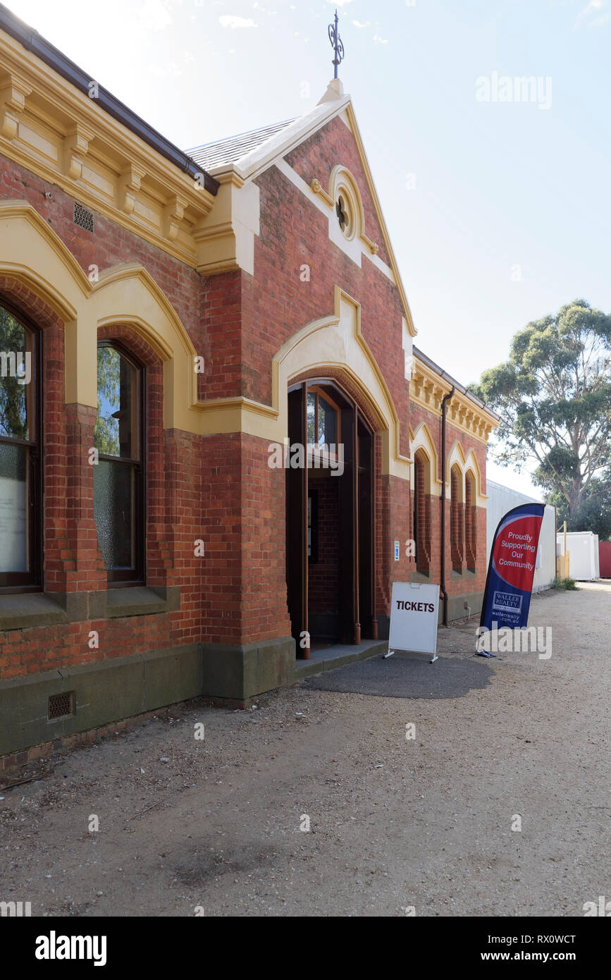 Entrance to the Historic Maldon Railway station on the Victorian Goldfields Railways, Maldon, Victoria, Australia. Opened in 1884, the station served  Stock Photo