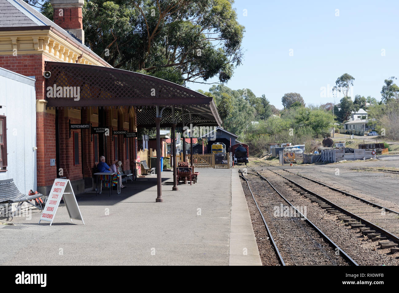 The platform of the Historic Maldon Railway station on the Victorian Goldfields Railways, Maldon, Victoria, Australia. Opened in 1884, the station ser Stock Photo