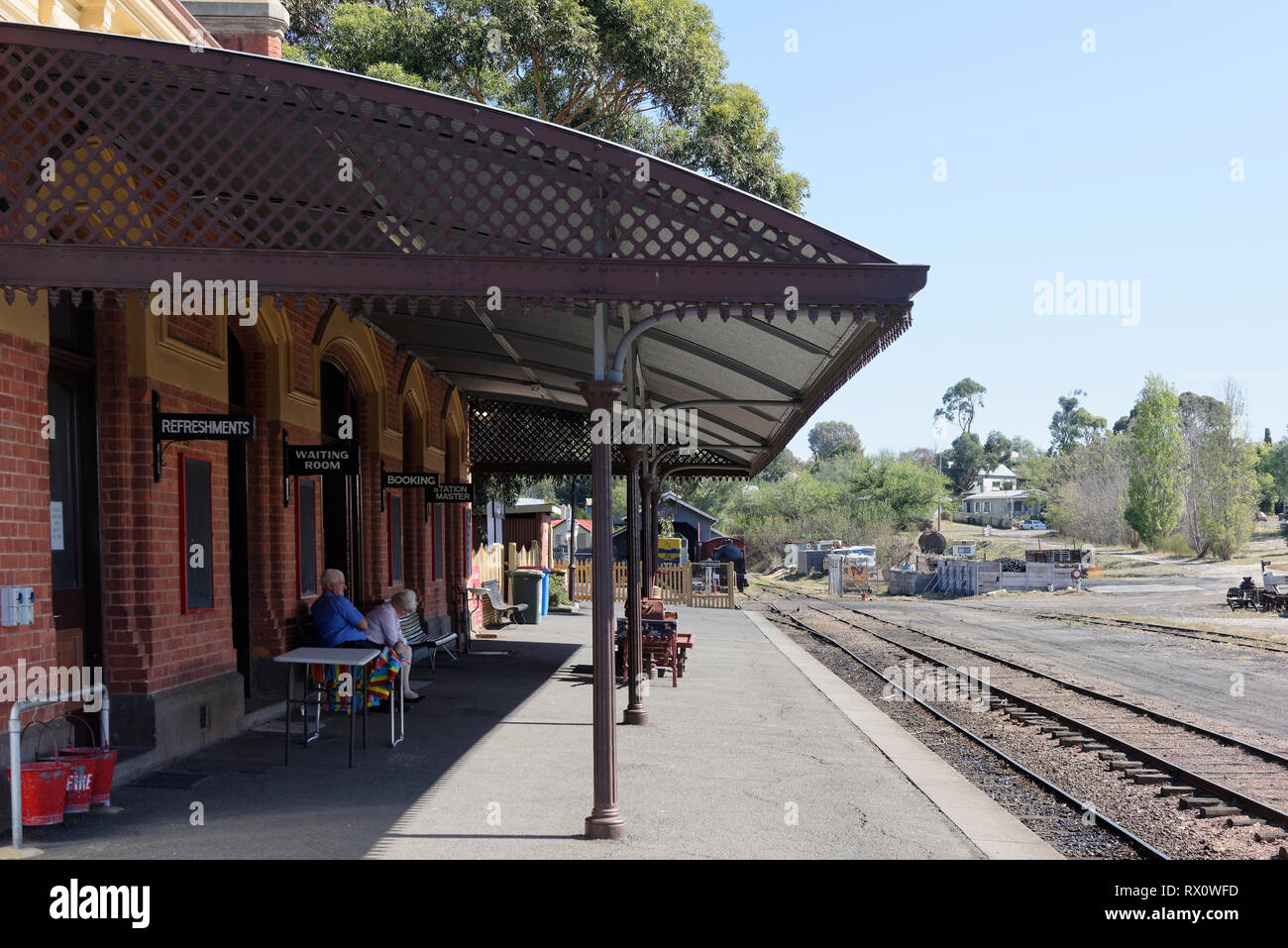 The platform of the Historic Maldon Railway station on the Victorian Goldfields Railways, Maldon, Victoria, Australia. Opened in 1884, the station ser Stock Photo