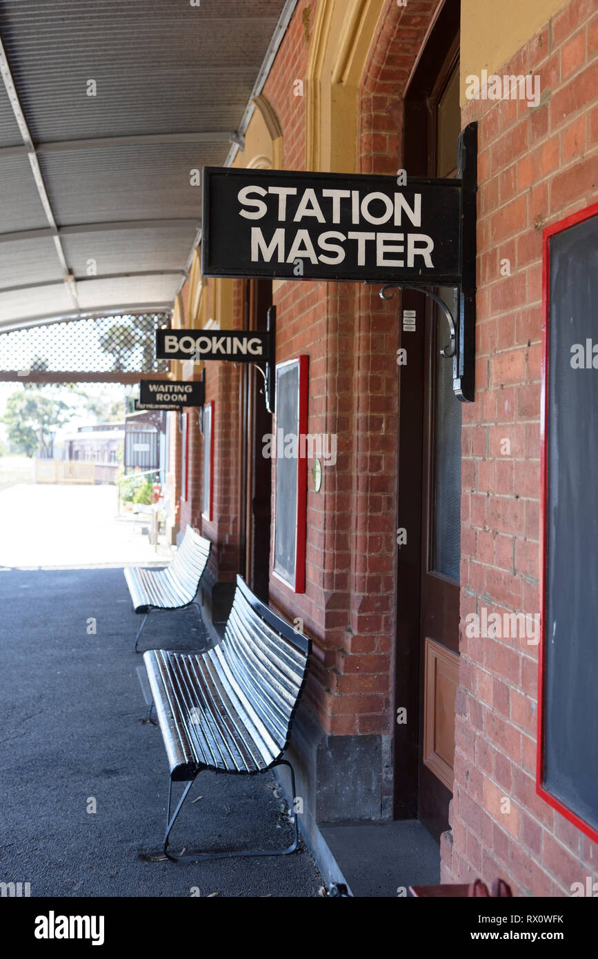 Platform Station Master sign of the Historic Maldon Railway station on the Victorian Goldfields Railways, Maldon, Victoria, Australia. Opened in 1884, Stock Photo