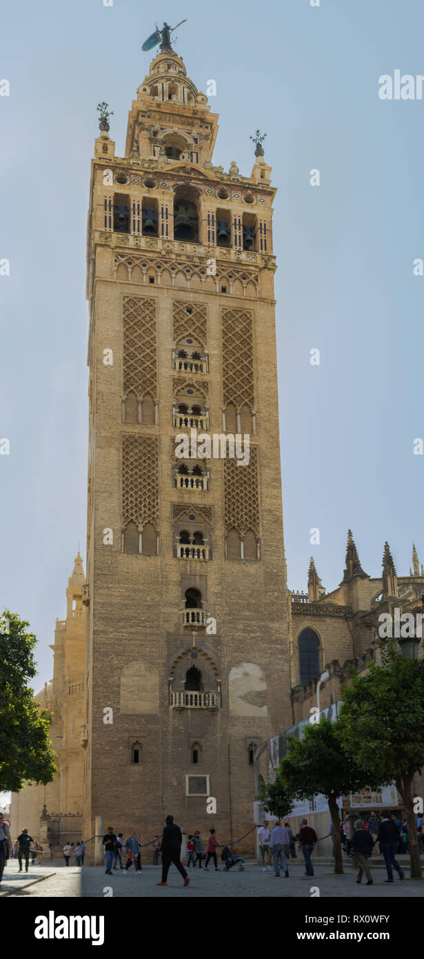 Panoramic view of the Giralda tower in Seville, Spain, March 3, 2019 Stock Photo