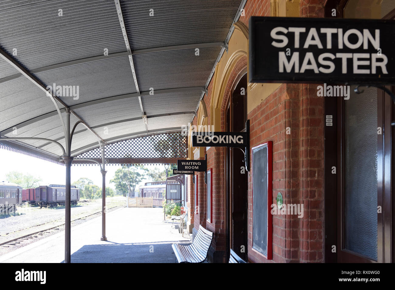 Platform Station Master sign of the Historic Maldon Railway station on the Victorian Goldfields Railways, Maldon, Victoria, Australia. Opened in 1884, Stock Photo