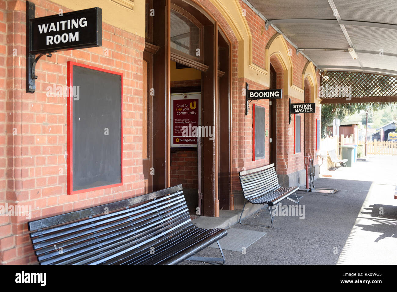 Waiting Room sign on the platform of the Historic Maldon Railway station on the Victorian Goldfields Railways, Maldon, Victoria, Australia. Opened in  Stock Photo