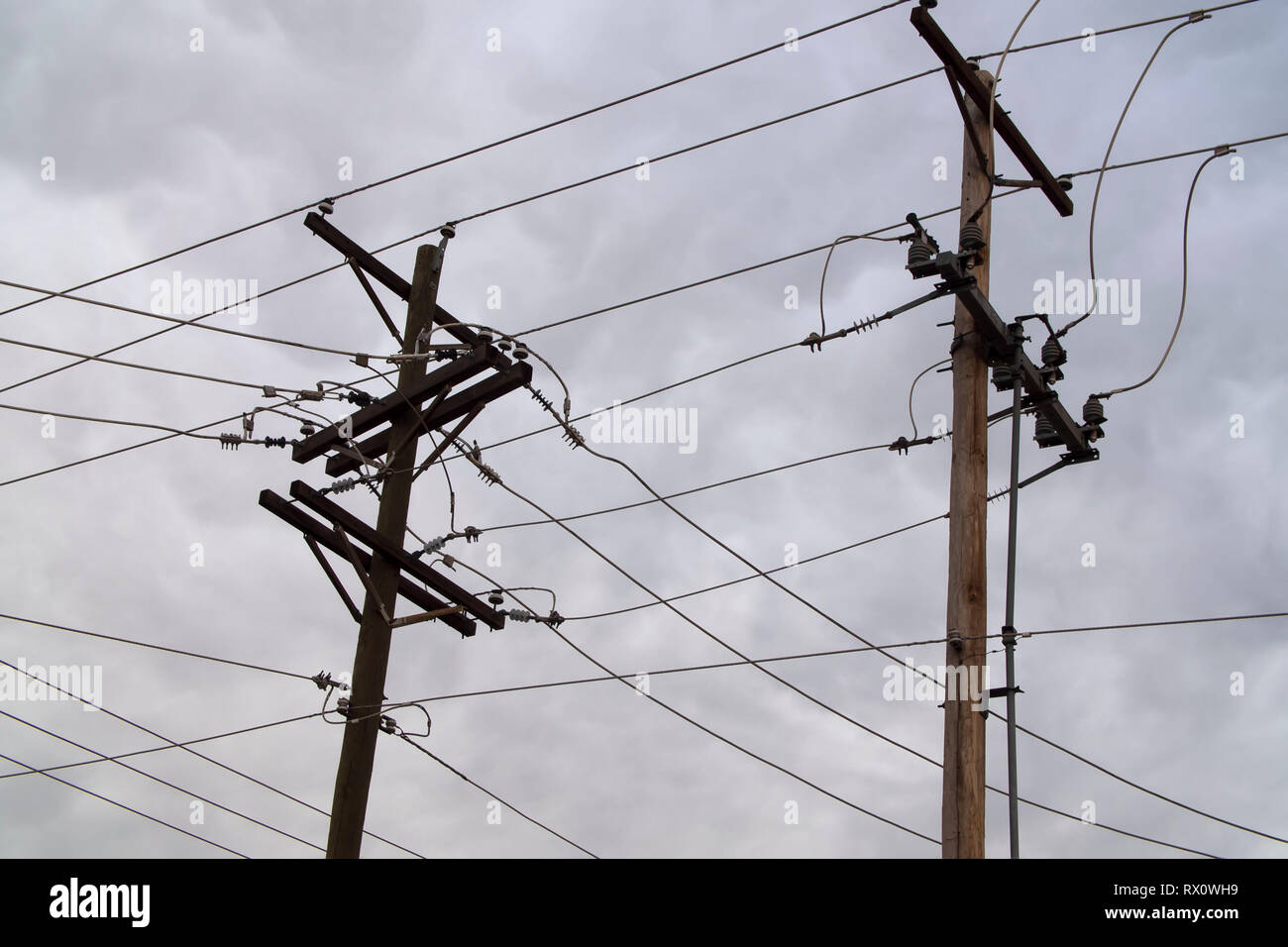 Electric poles servicing multiple lines in Alpine, west Texas. Stock Photo