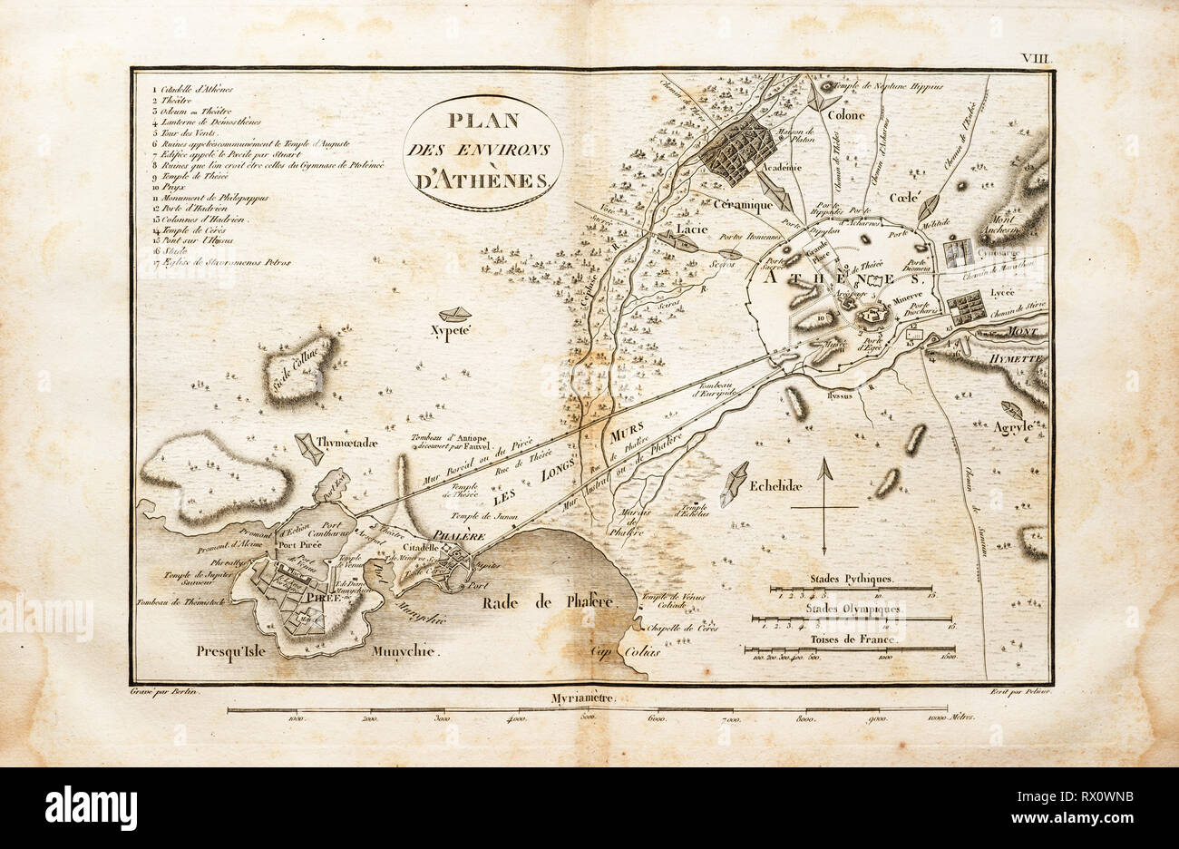 old map of the area around Athens Greece from an 1802 book in French Stock Photo
