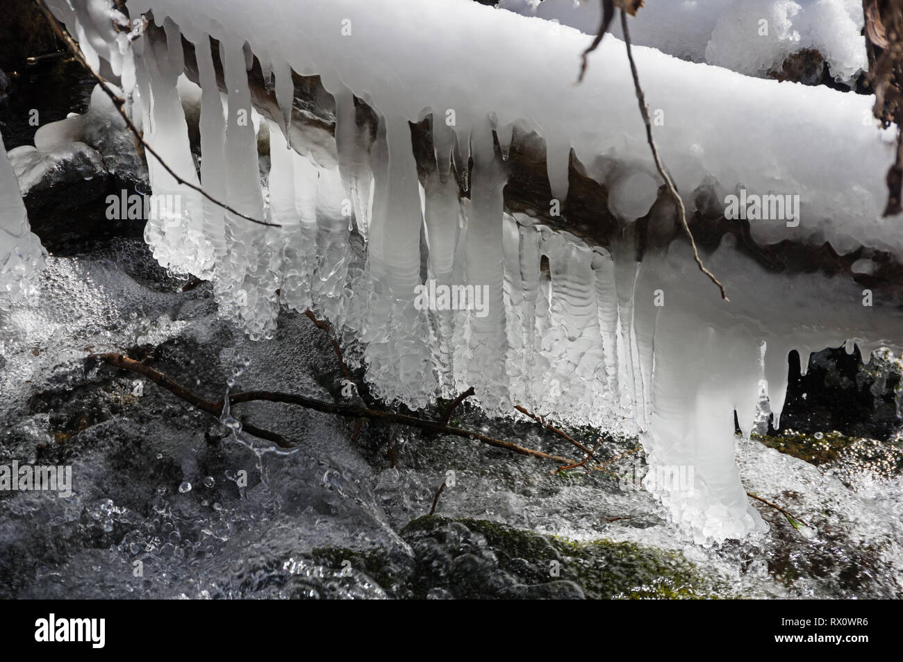 ice dangling down from a log above a rushing stream Stock Photo