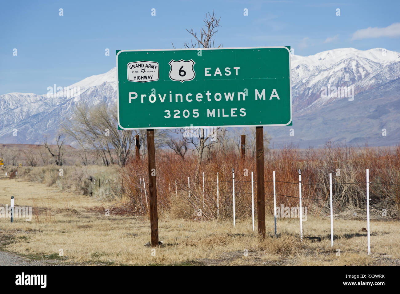 sign at the western end of US Highway 6 in Bishop California showing 3205 miles to Provincetown MA Stock Photo