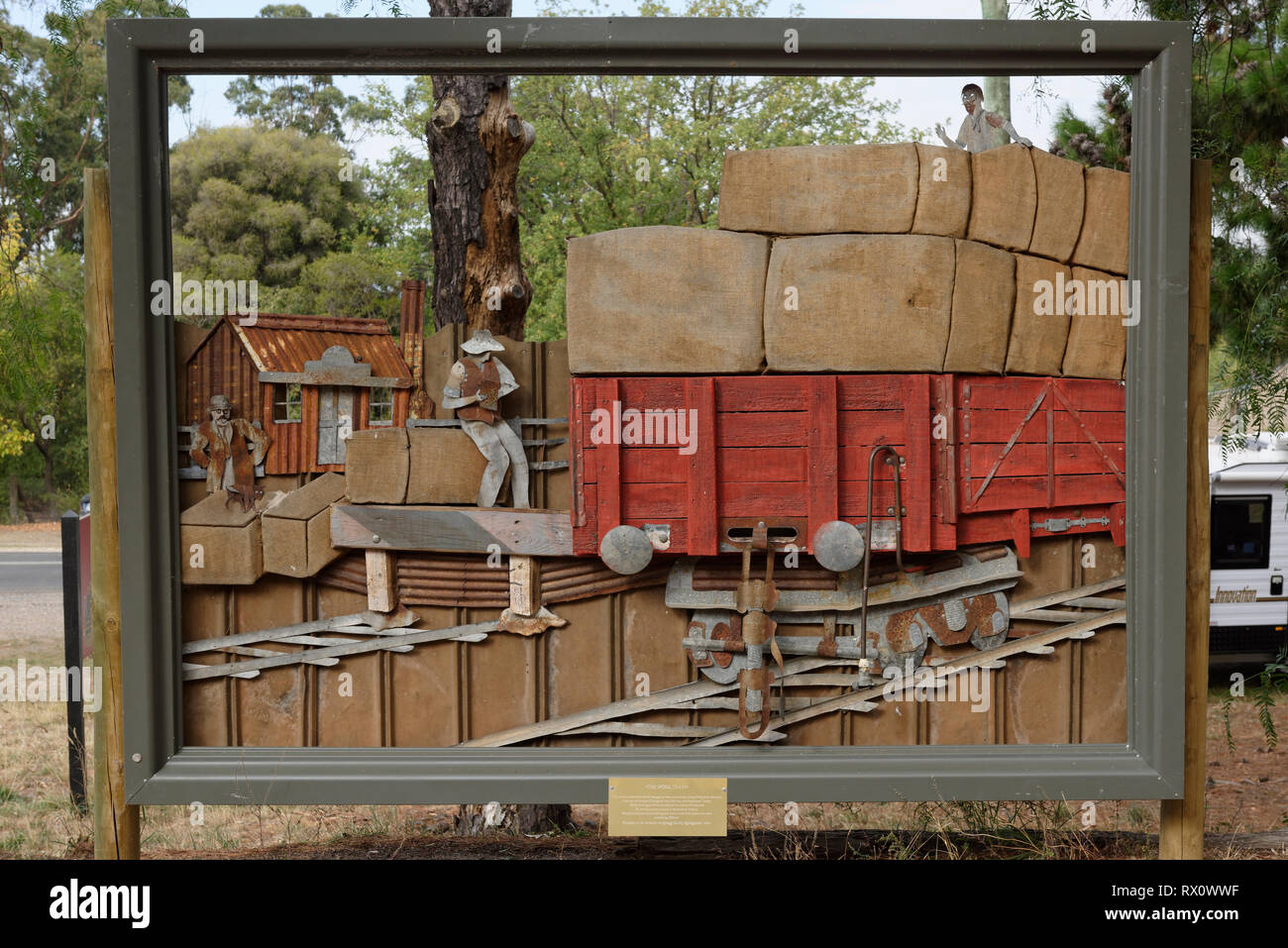 “The Wool Train”, a work by local artist Stuart Spragg using recycled materials, Maldon railway station, Victoria, Australia. Stock Photo