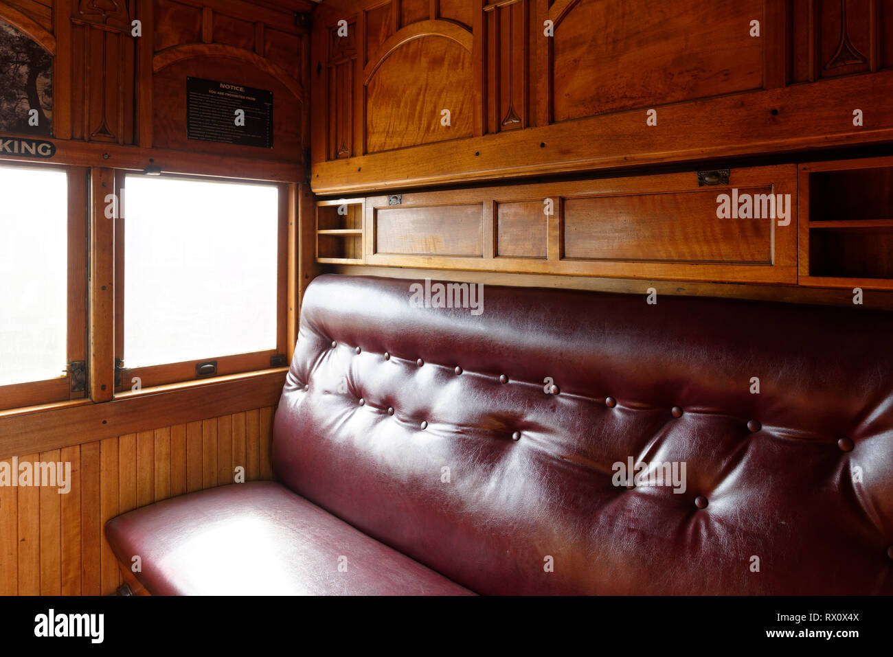 Art nouveau fittings and décor in a compartment of the Tambo Parlour Car, a first-class carriage built in 1919, Maldon railway station, Victoria, Aust Stock Photo
