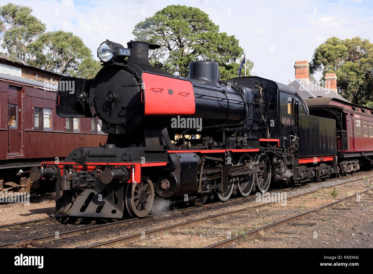 The J549 oil burning steam locomotive built in 1954 by the British locomotive builder Vulcan Foundry Limited, Maldon railway station, Victoria, Austra Stock Photo