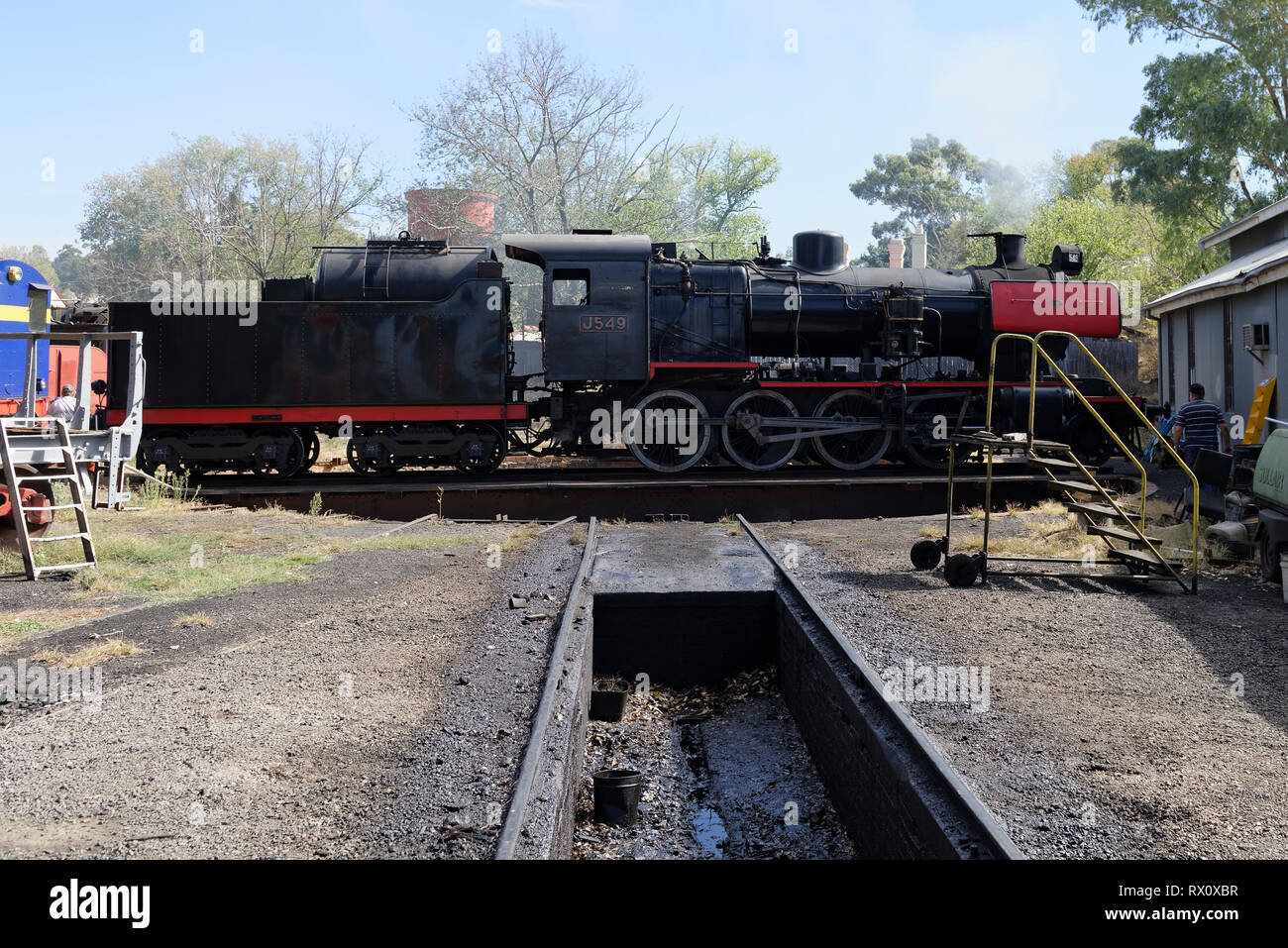 The J549 oil burning steam locomotive built in 1954 by the British locomotive builder Vulcan Foundry Limited, Maldon railway station, Victoria, Austra Stock Photo