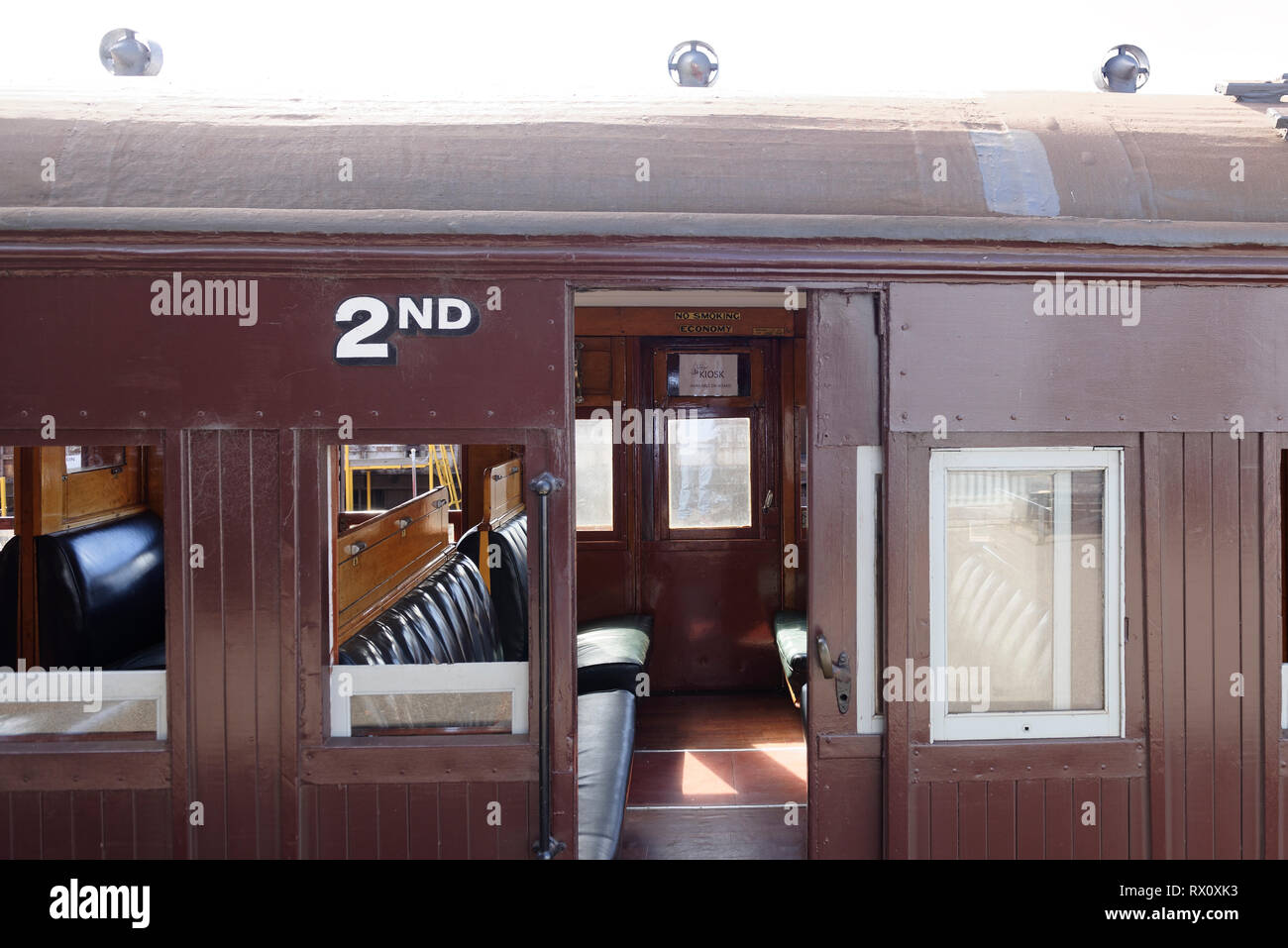 A second class carriage at the Maldon railway station, Victorian Goldfields Railway, Victoria, Australia. Stock Photo