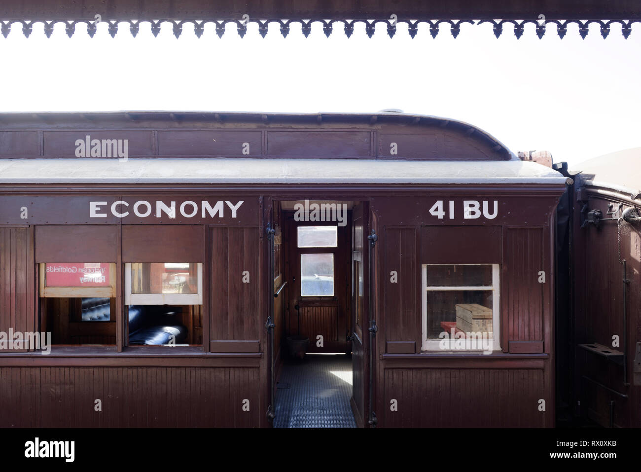 An economy -class carriage at the Maldon railway station, Victorian Goldfields Railway, Victoria, Australia. Stock Photo