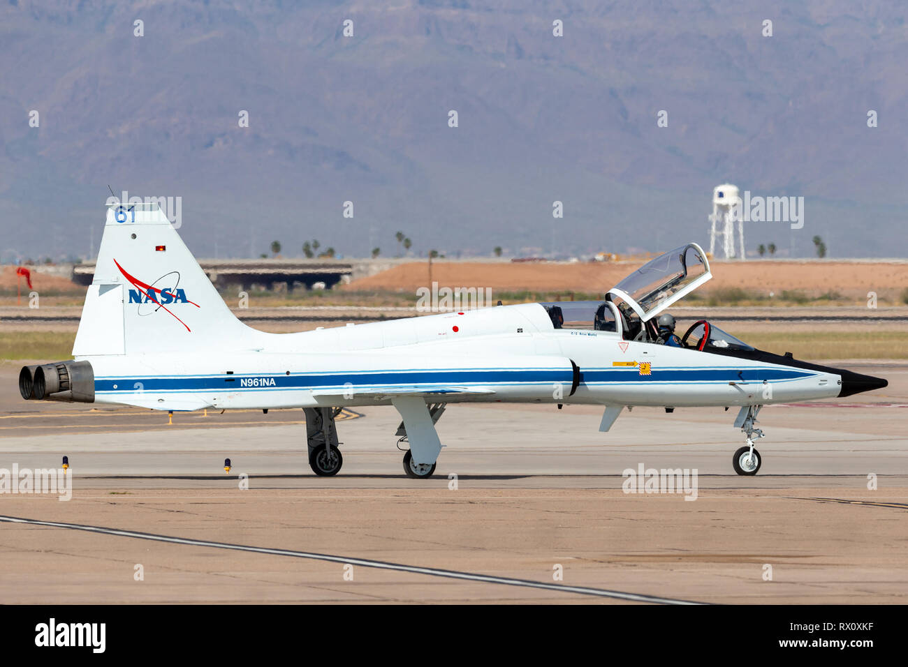 NASA (National Aeronautics and Space Administration) Northrop T-38 Talon jet aircraft N961NA at Phoenix-Mesa Gateway airport in Arizona. Stock Photo