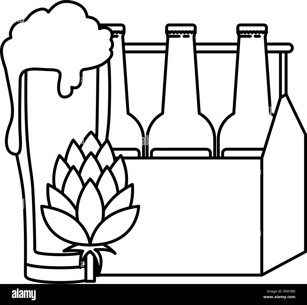 box with beer bottles and glass isolated icon Stock Vector