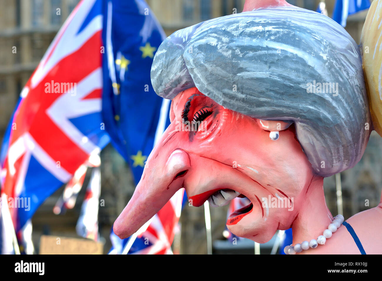 London, UK. Part of the 'Brexit Is A Monstrosity' float caricaturing leading Tory MPs, used to campaign against Brexit. Theresa May Stock Photo