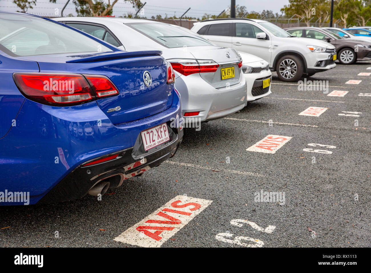 Avis hire cars at Port macquarie airport including a blue Holden commodore sv6, New South Wales,Australia Stock Photo