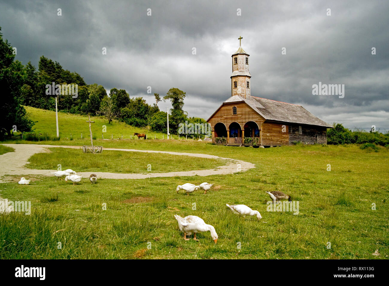 COLO, CHILOE, CHILE, Iglsia San Antonio in Colo is one of the 16 wooden churches on the island of Chiloe belongig to the UNESCO world heri Stock Photo