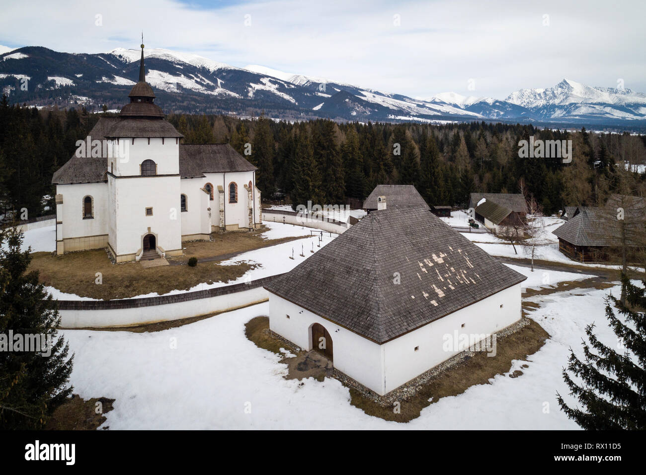 Aerial view of open-air museum of Liptov Village in Pribylina, Slovakia Stock Photo