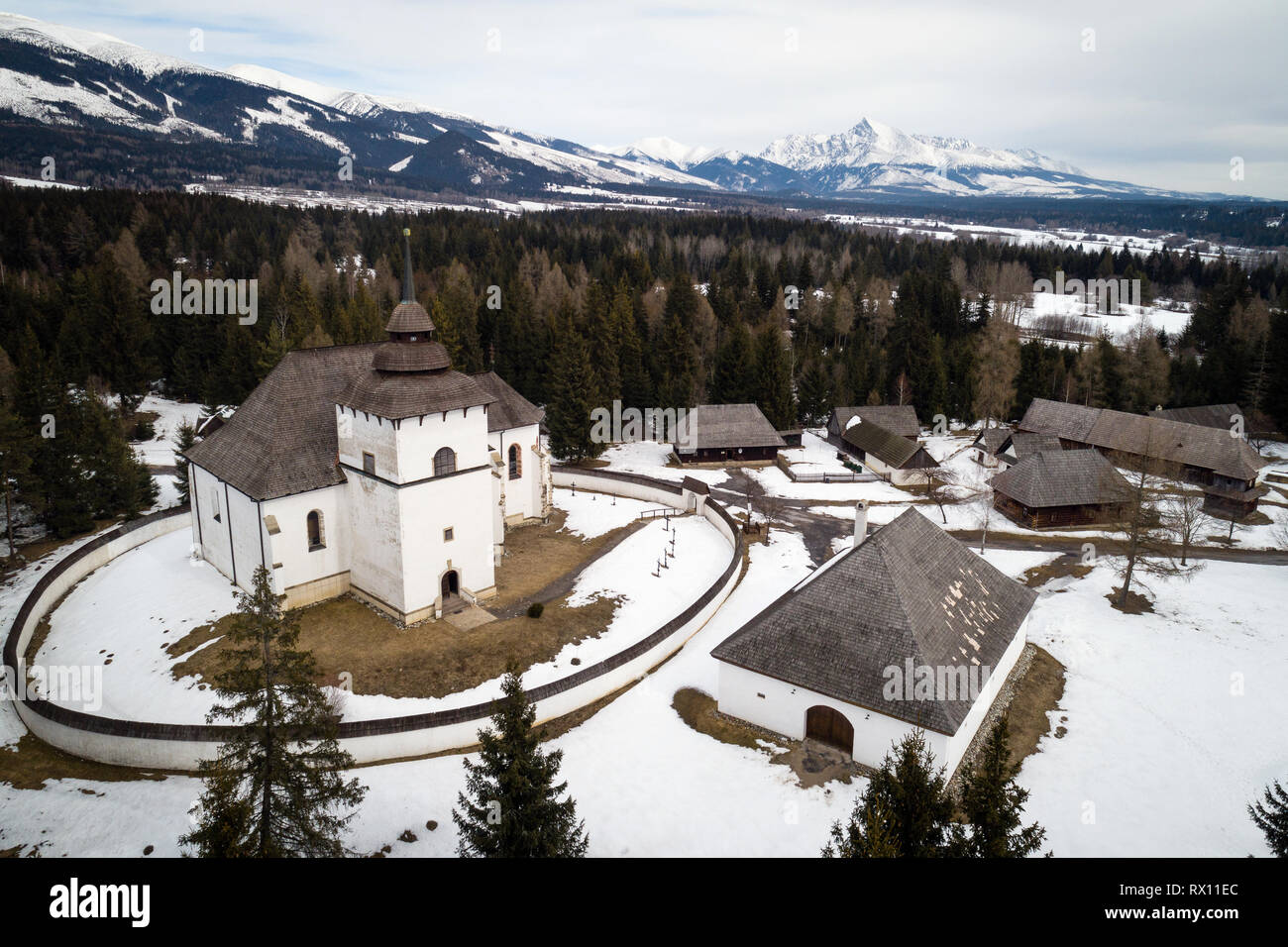 Aerial view of open-air museum of Liptov Village in Pribylina, Slovakia Stock Photo
