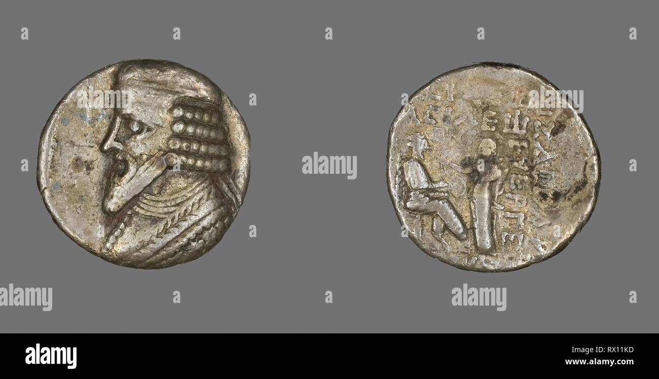 Tetradrachm (Coin) Portraying King Gotarzes. Parthian. Date: 40 AD-51 AD. Dimensions: Diam. 2.6 cm; 10.43 g. Silver. Origin: Iran. Museum: The Chicago Art Institute. Stock Photo