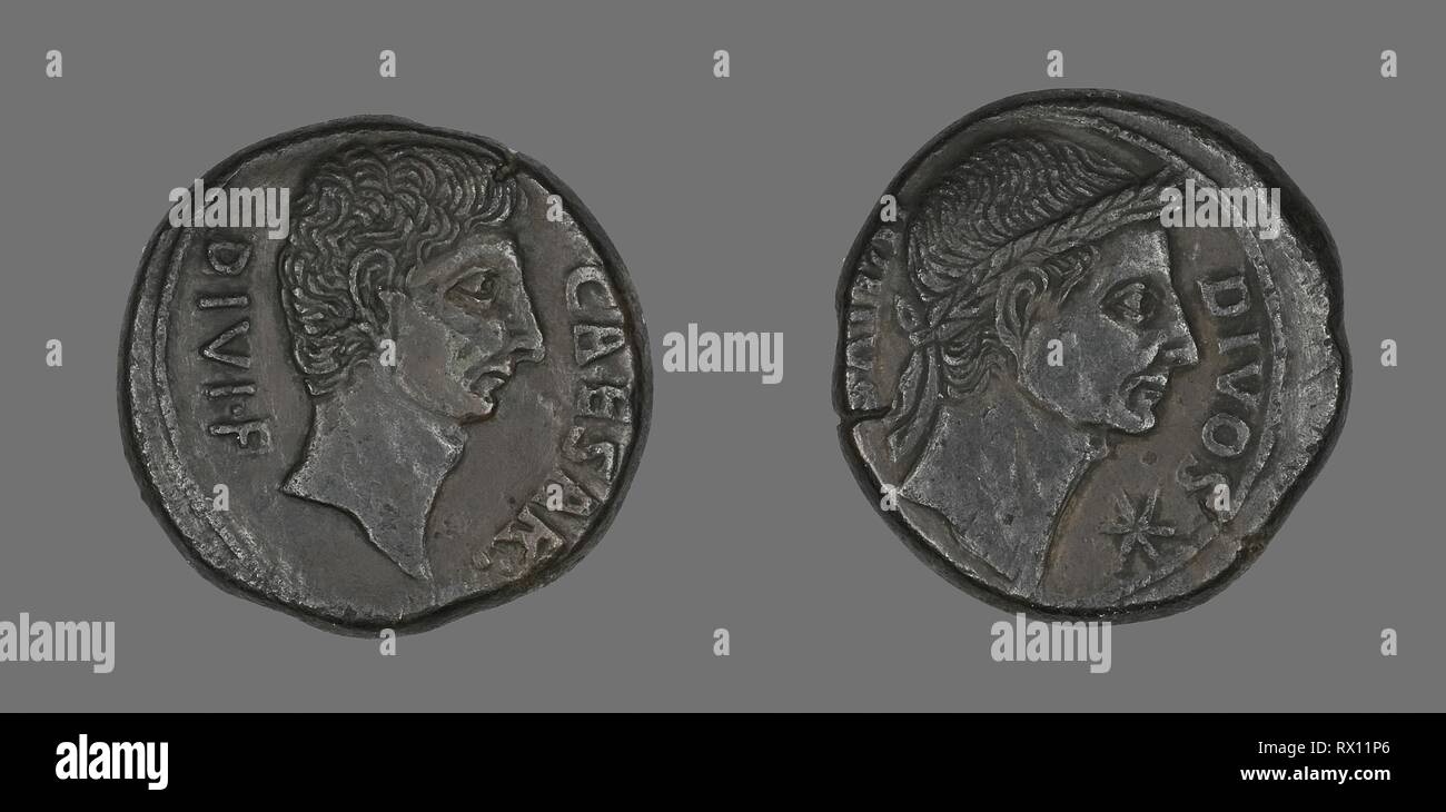 Coin Portraying Julius Caesar. Roman. Date: 38 BC. Dimensions: Diam. 3 cm; 19.57 g. Bronze. Origin: Roman Empire. Museum: The Chicago Art Institute. Author: ANCIENT ROMAN. Stock Photo