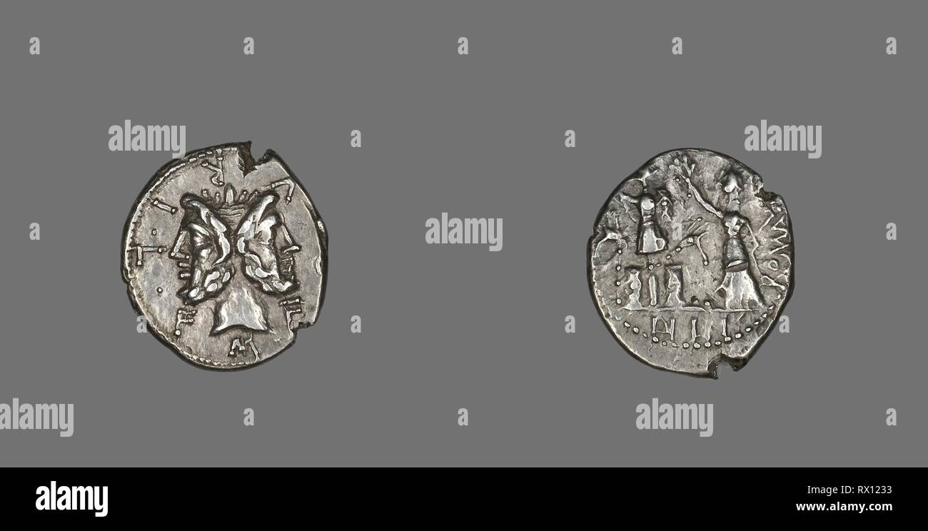 Denarius (Coin) Depicting the God Janus. Roman, minted in Rome. Date: 119 BC. Dimensions: Diam. 2 cm; 3.84 g. Silver. Origin: Italy. Museum: The Chicago Art Institute. Author: ANCIENT ROMAN. Stock Photo