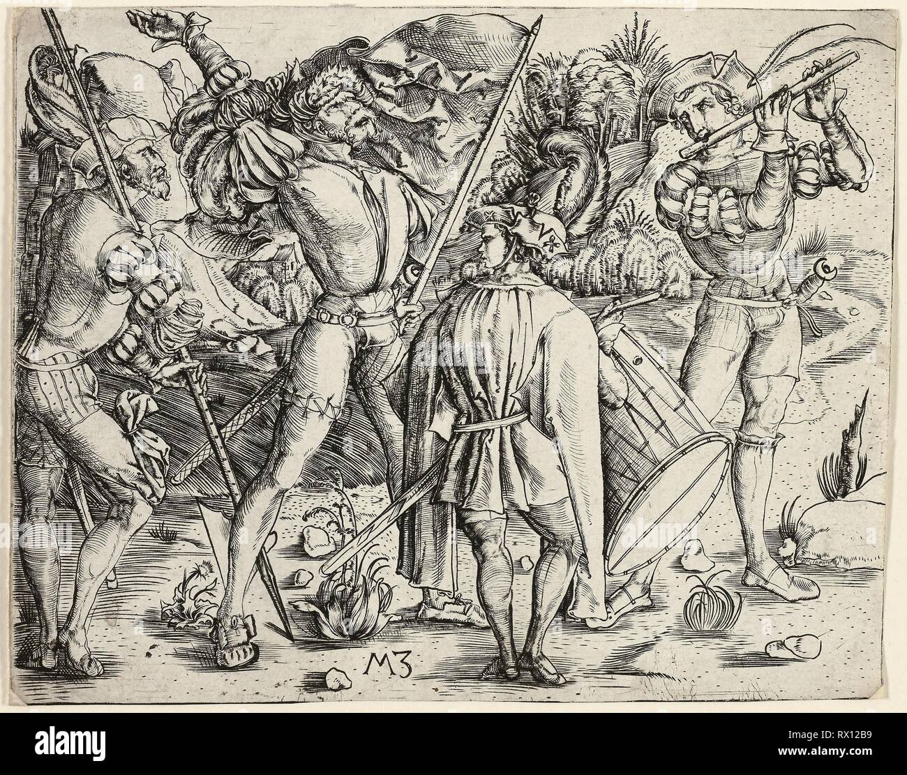 The Warriors. Master M.Z.; German, active 1500-1550. Date: 1495-1505. Dimensions: 123 × 153 mm (sheet trimmed within plate mark). Engraving in black on ivory laid paper. Origin: Germany. Museum: The Chicago Art Institute. Stock Photo