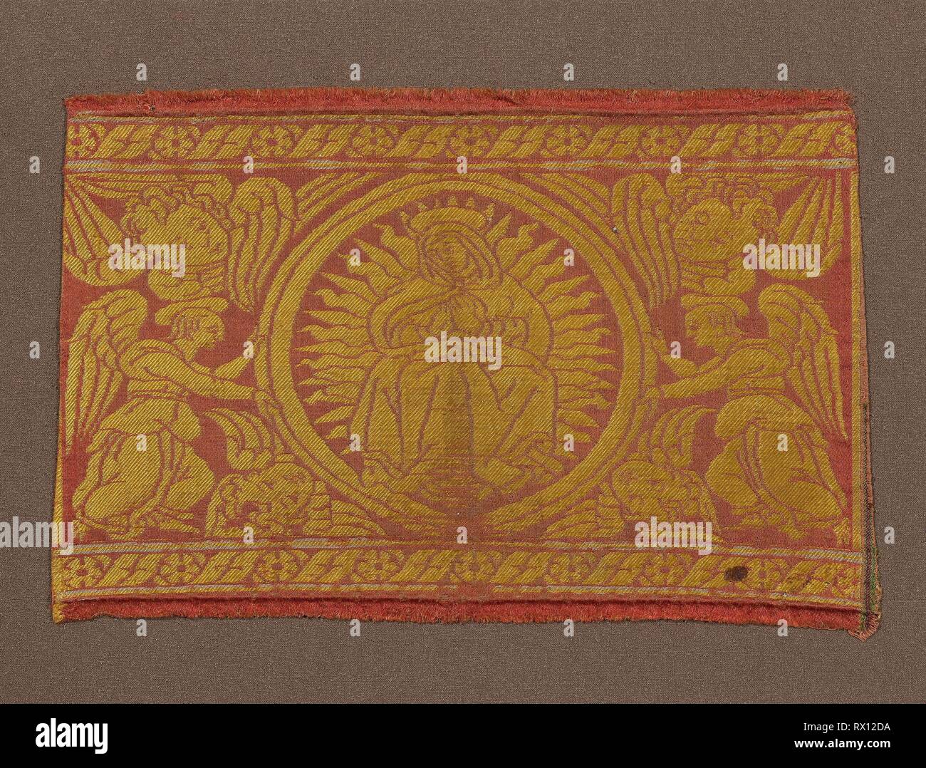 Fragment (From an Orphrey Band). Italy. Date: 1401-1500. Dimensions: 24.8 x 38 cm (9 3/4 x 15 in.). Silk, satin weave with twill interlacings of secondary binding warps and patterning wefts. Origin: Italy. Museum: The Chicago Art Institute. Stock Photo