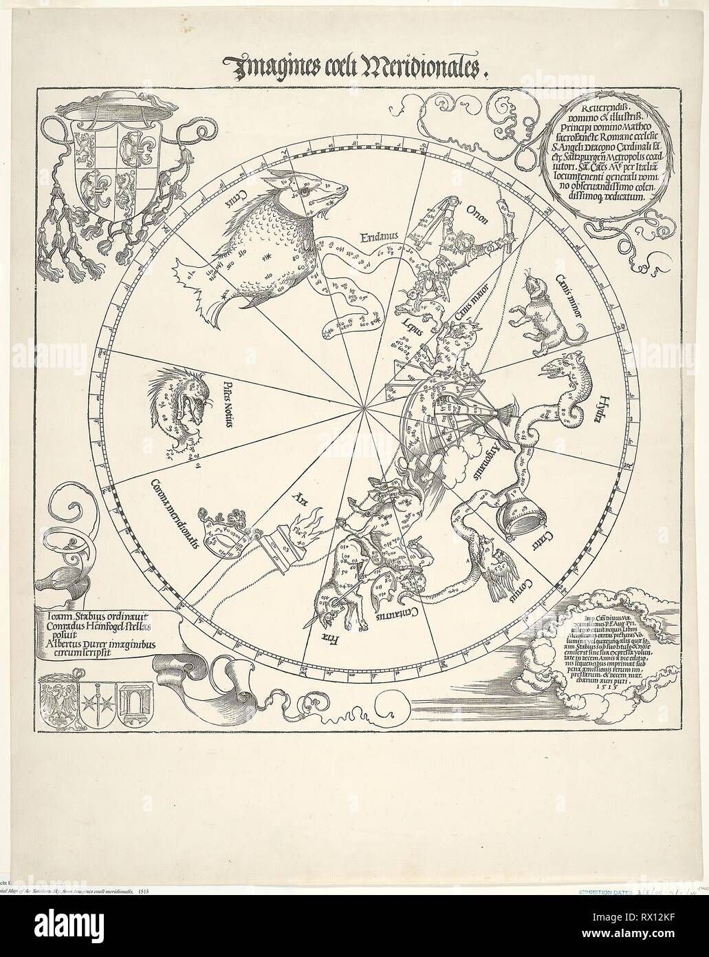 Celestial Map of the Southern Sky (Imagines coeli meridionalis). Albrecht Dürer; German, 1471-1528. Date: 1515. Dimensions: 431 x 433 mm (image); 585 x 463 mm (sheet). Woodcut in black on ivory laid paper. Origin: Germany. Museum: The Chicago Art Institute. Stock Photo