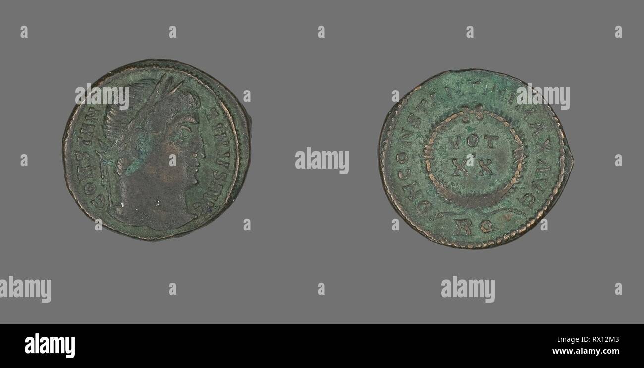 Coin Portraying Emperor Constantine I. Roman, minted in Rome. Date: 321 AD. Dimensions: Diam. 1.9 cm; 2.68 g. Bronze. Origin: Roman Empire. Museum: The Chicago Art Institute. Author: ANCIENT ROMAN. Stock Photo