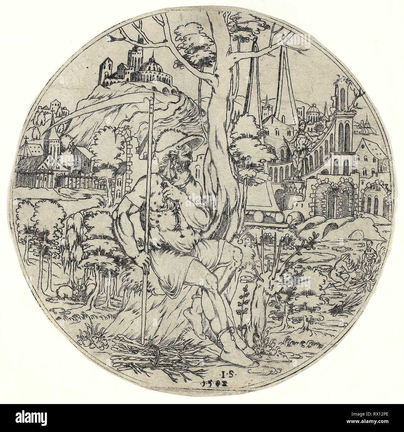 Circular Design with Saturn. Jonas Silber (Master J.S.); German, active 1572-1590. Date: 1583. Dimensions: 120 x 120 mm. Punched engraving on buff laid paper. Origin: Germany. Museum: The Chicago Art Institute. Stock Photo