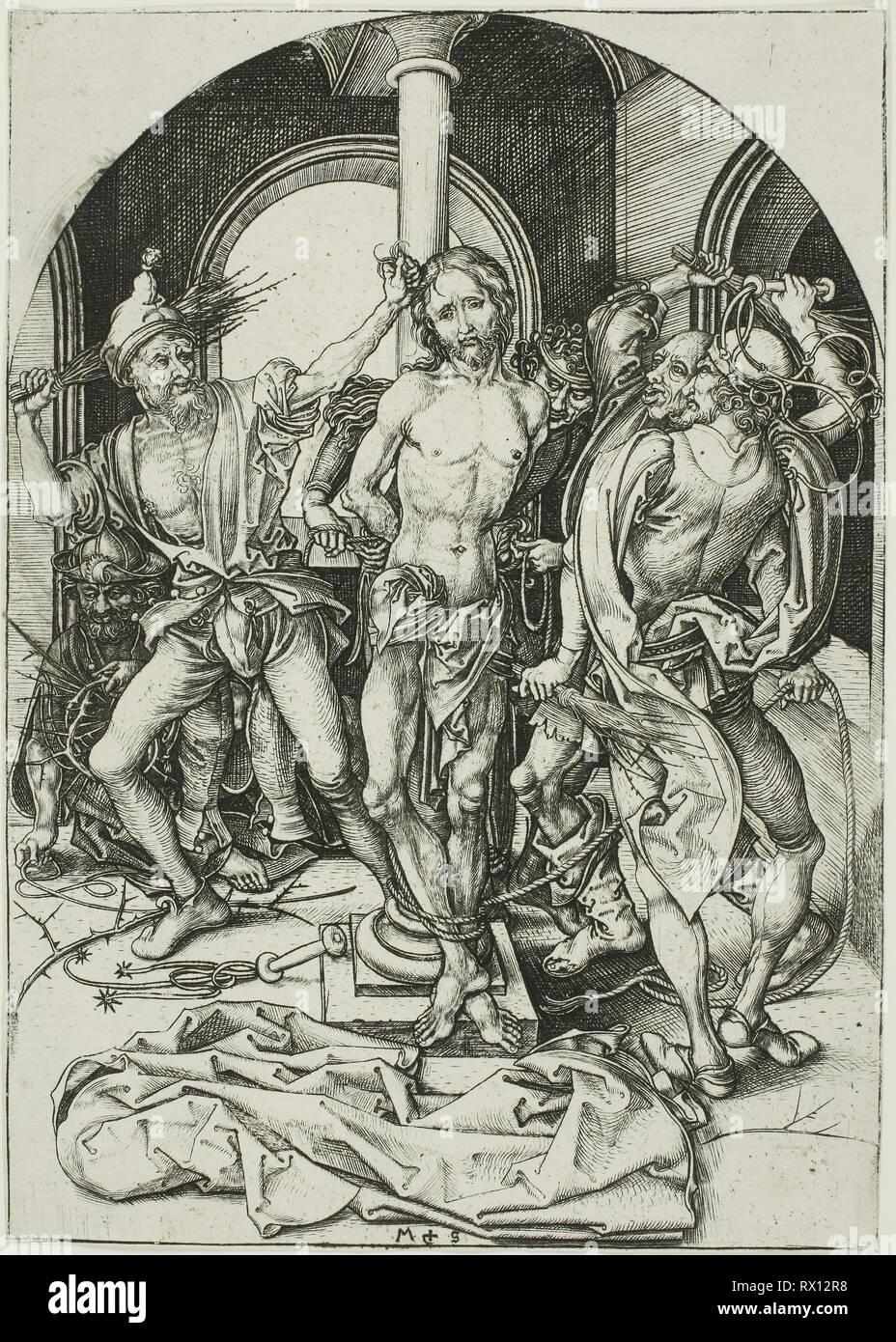 The Flagellation, from The Passion. Martin Schongauer; German, c. 1450-1491. Date: 1475-1486. Dimensions: 164 x 116 mm (sheet trimmed within plate mark). Engraving on paper. Origin: Germany. Museum: The Chicago Art Institute. Stock Photo