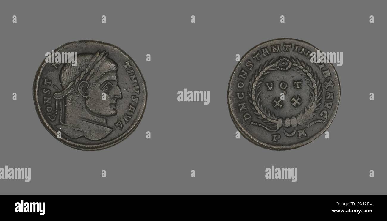 Coin Portraying Emperor Constantine I. Roman, minted in Arles. Date: 321 AD. Dimensions: Diam. 1.9 cm; 3.07 g. Bronze. Origin: Roman Empire. Museum: The Chicago Art Institute. Author: ANCIENT ROMAN. Stock Photo