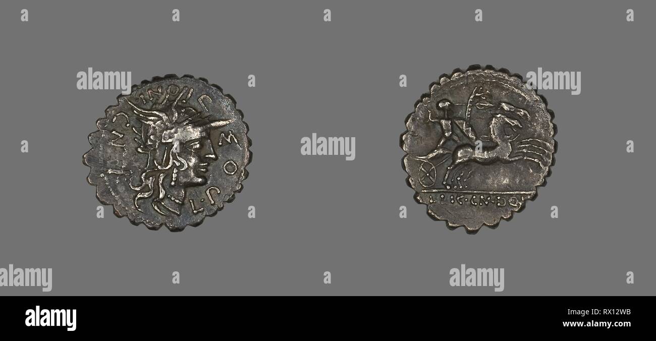 Denarius Serratus (Coin) Depicting the Goddess Roma. Roman, minted in Narbo. Date: 118 BC. Dimensions: Diam. 2.1 cm; 3.65 g. Silver. Origin: Italy. Museum: The Chicago Art Institute. Author: ANCIENT ROMAN. Stock Photo