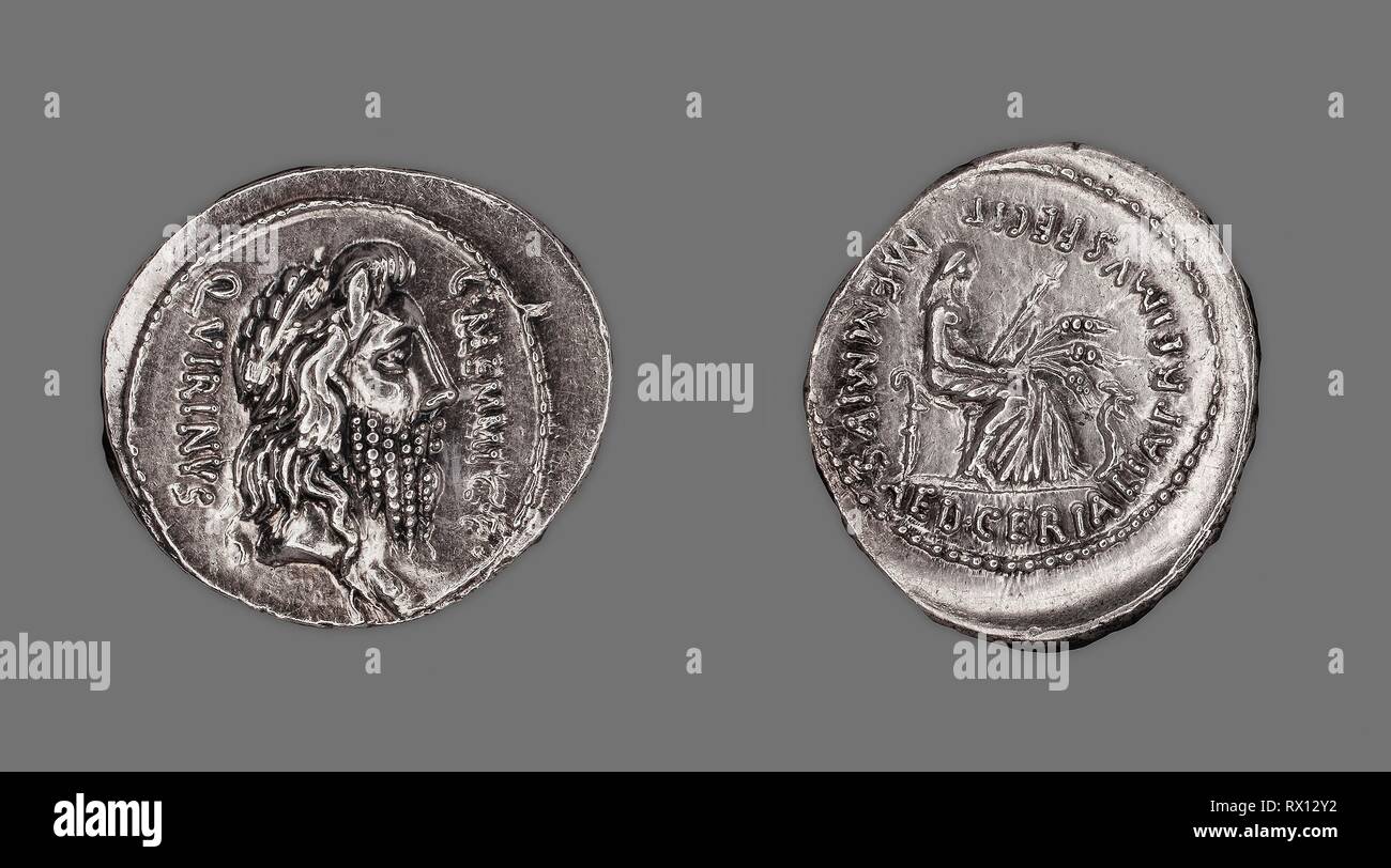 Denarius (Coin) Depicting the God Quirinus. Roman, minted in Rome. Date: 60 BC. Dimensions: Diam. 2.1 cm; 4.03 g. Silver. Origin: Rome. Museum: The Chicago Art Institute. Author: ANCIENT ROMAN. Stock Photo
