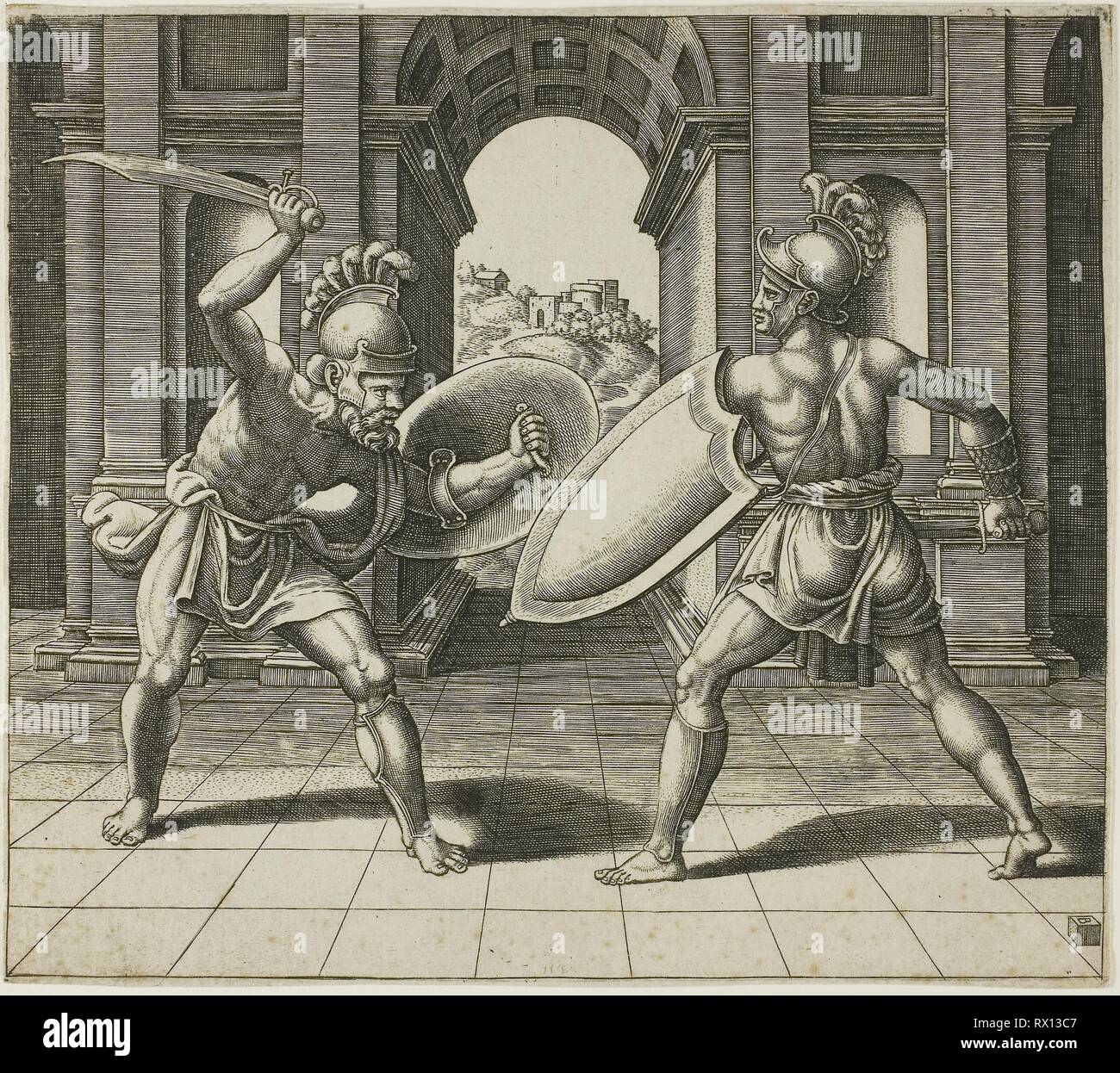 The Two Gladiators. Master of the Die (Italian, active c. 1530-1560); after Giulio Romano (Italian, c. 1499-1546). Date: 1530-1540. Dimensions: 207 x 232 mm. Engraving in black on cream laid paper. Origin: Italy. Museum: The Chicago Art Institute. Stock Photo