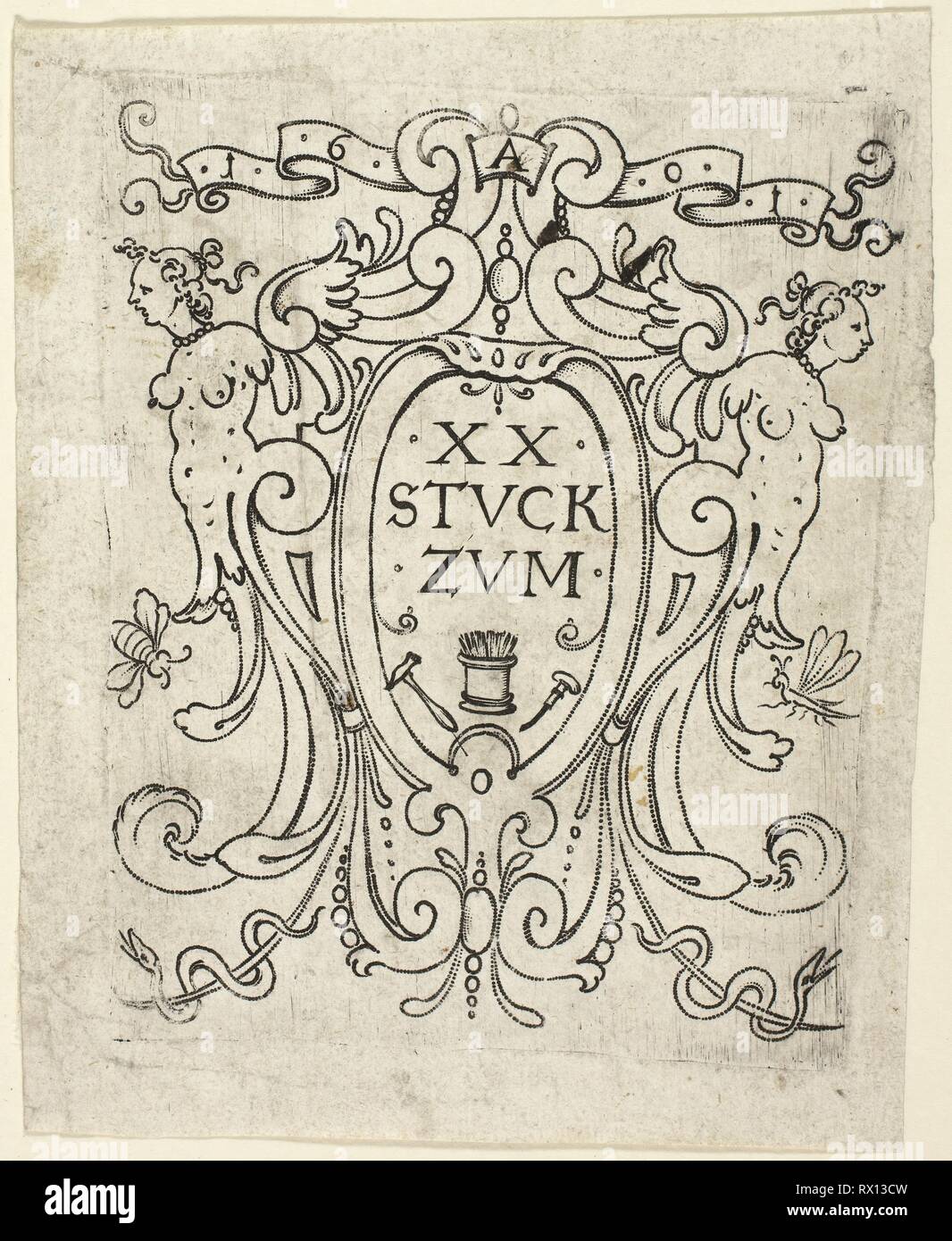 Title page, from XX Stuck zum (ornamental designs for goblets and beakers). Master A.P.; German, active early 17th century. Date: 1601. Dimensions: 120 x 102 mm (image/plate); 140 x 115 mm (sheet). Punch engraving with traces of burin in black on ivory laid paper. Origin: Germany. Museum: The Chicago Art Institute. Stock Photo