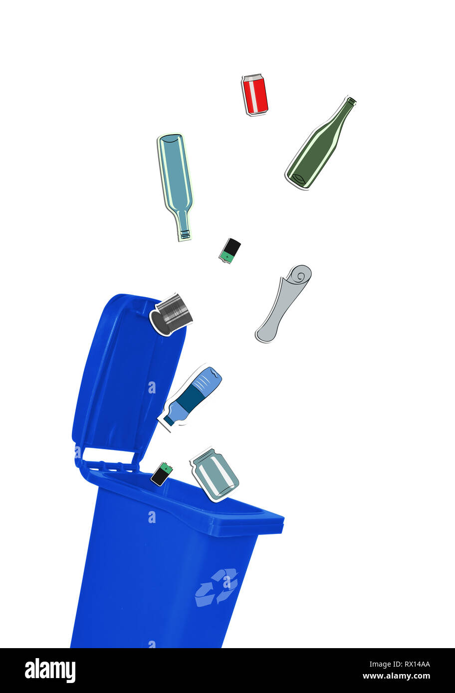 Closeup of blue recycle bin with open lid and recyclable materials