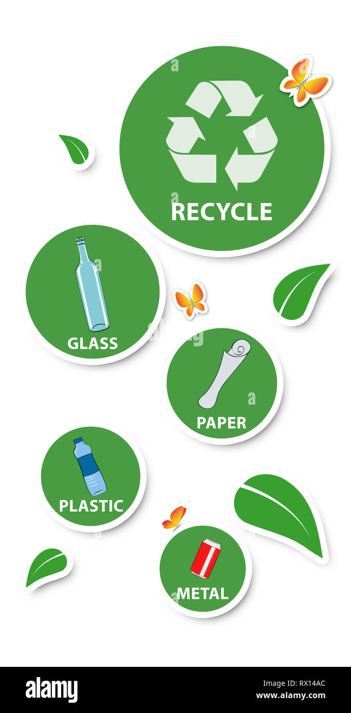 Resources not trash/Environmental concept,round stickers and recyclable ...