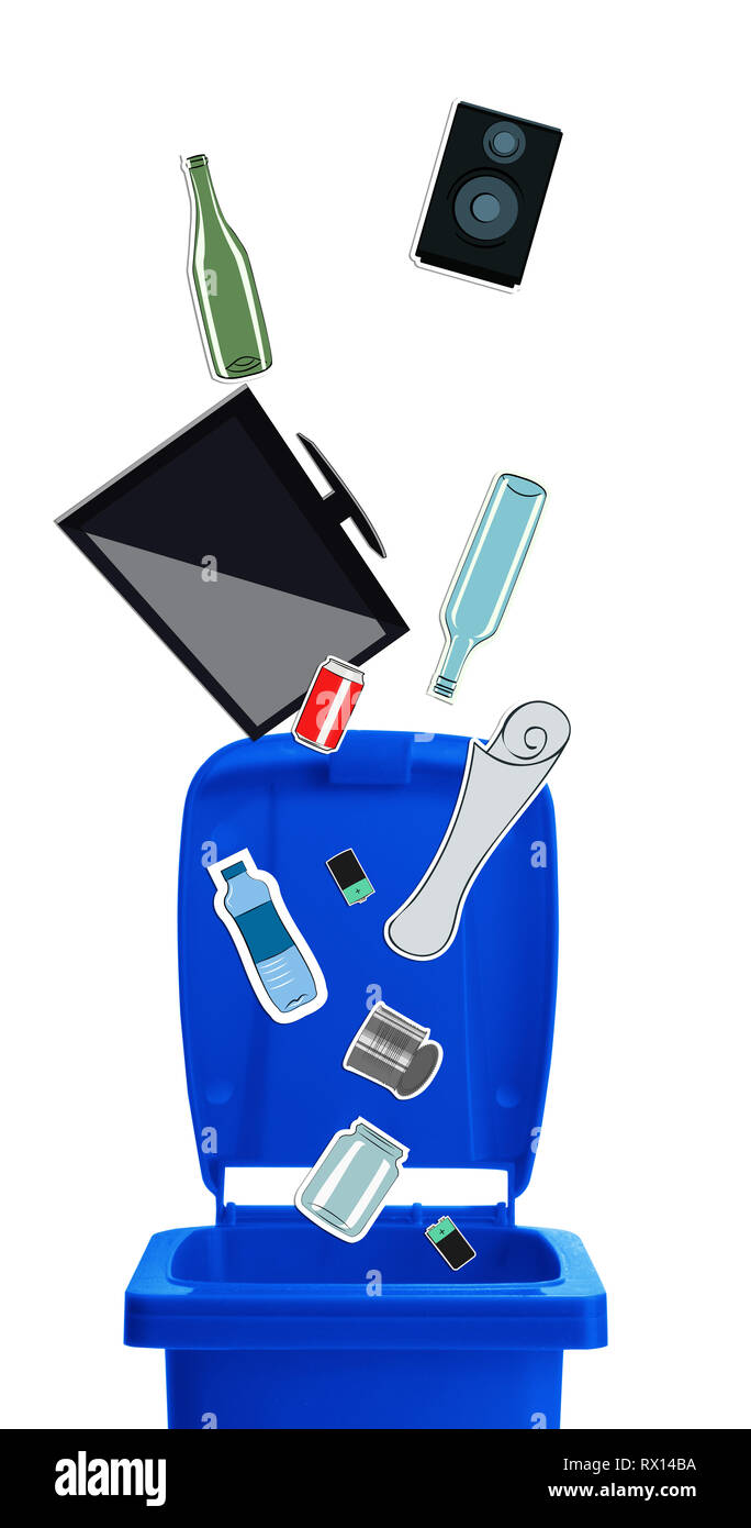 Closeup of blue recycle bin with open lid and recyclable materials