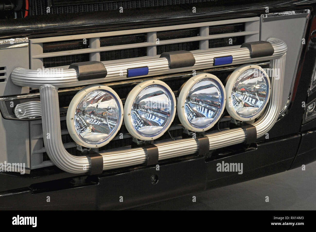 Powerful Rally Lights Reflectors at Aluminium Rail Stock Photo - Alamy