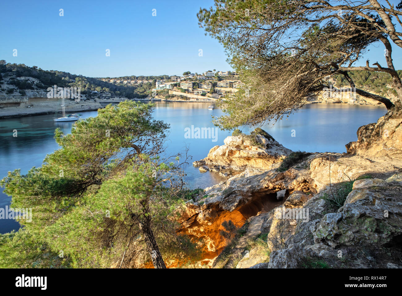 Bay of Portals Vells in Mallorca, Spain at Sunset Stock Photo
