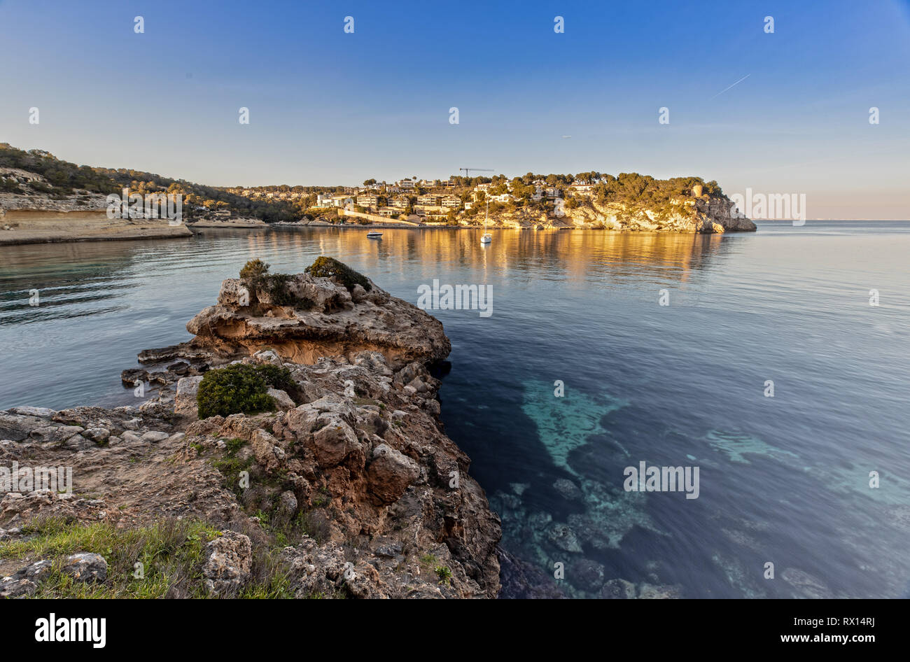 Bay of Portals Vells in Mallorca, Spain at Sunset Stock Photo