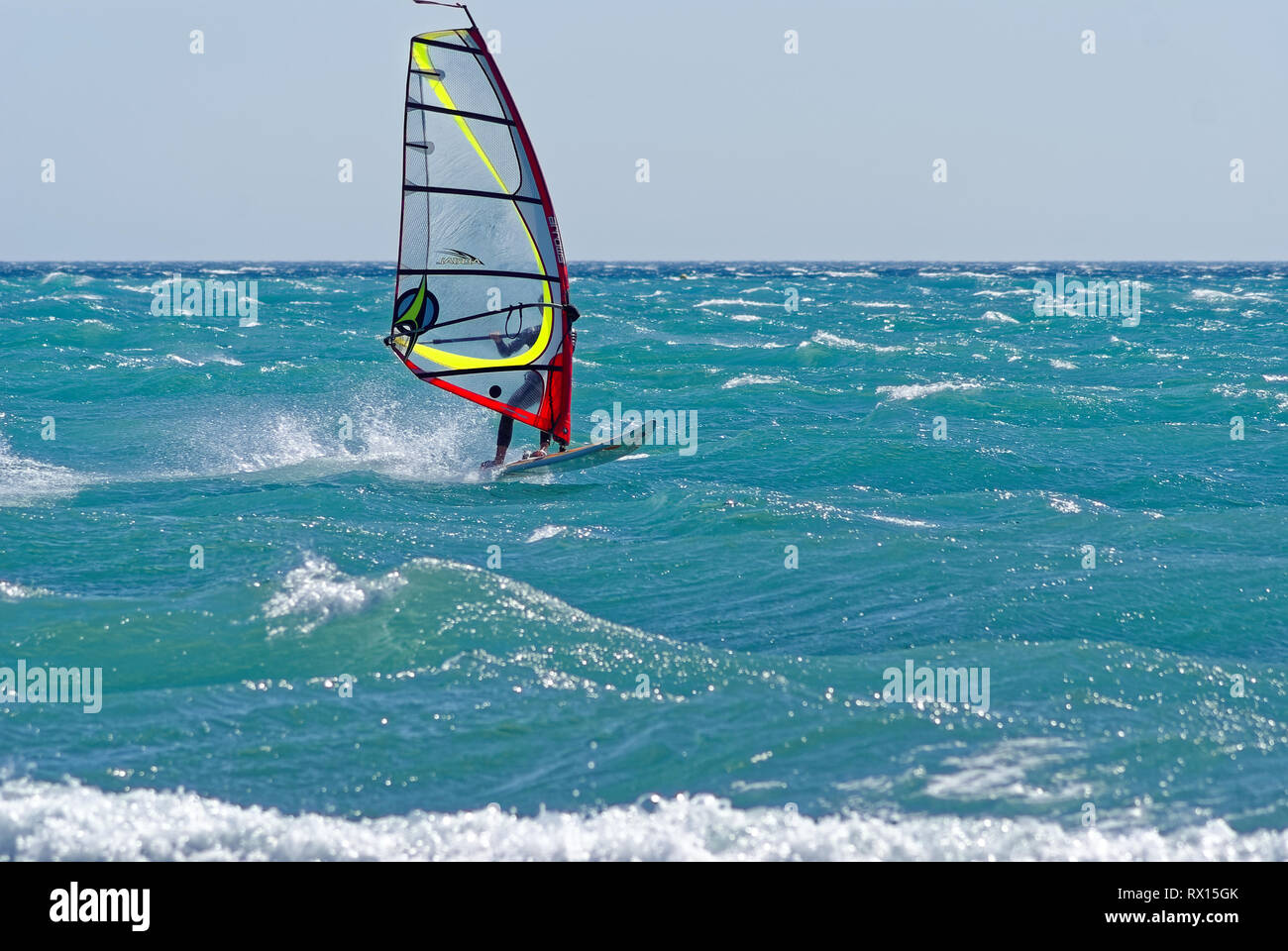 Windsurfer during a mistral windy day in mediterranean sea (St Laurent du Var , France) Stock Photo